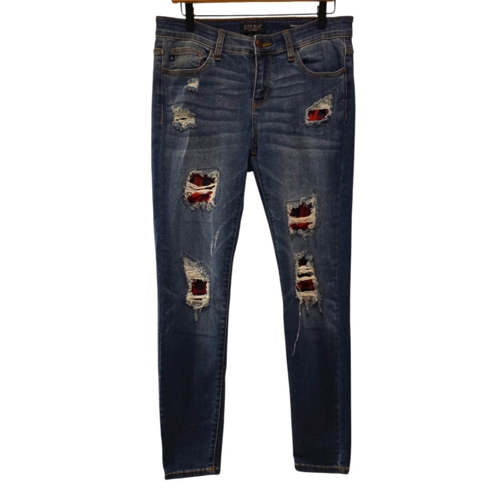 Judy Blue, Skinny Fit Jeans, Distressed W/ Buffalo Plaid In Holes, Women's 11/30
